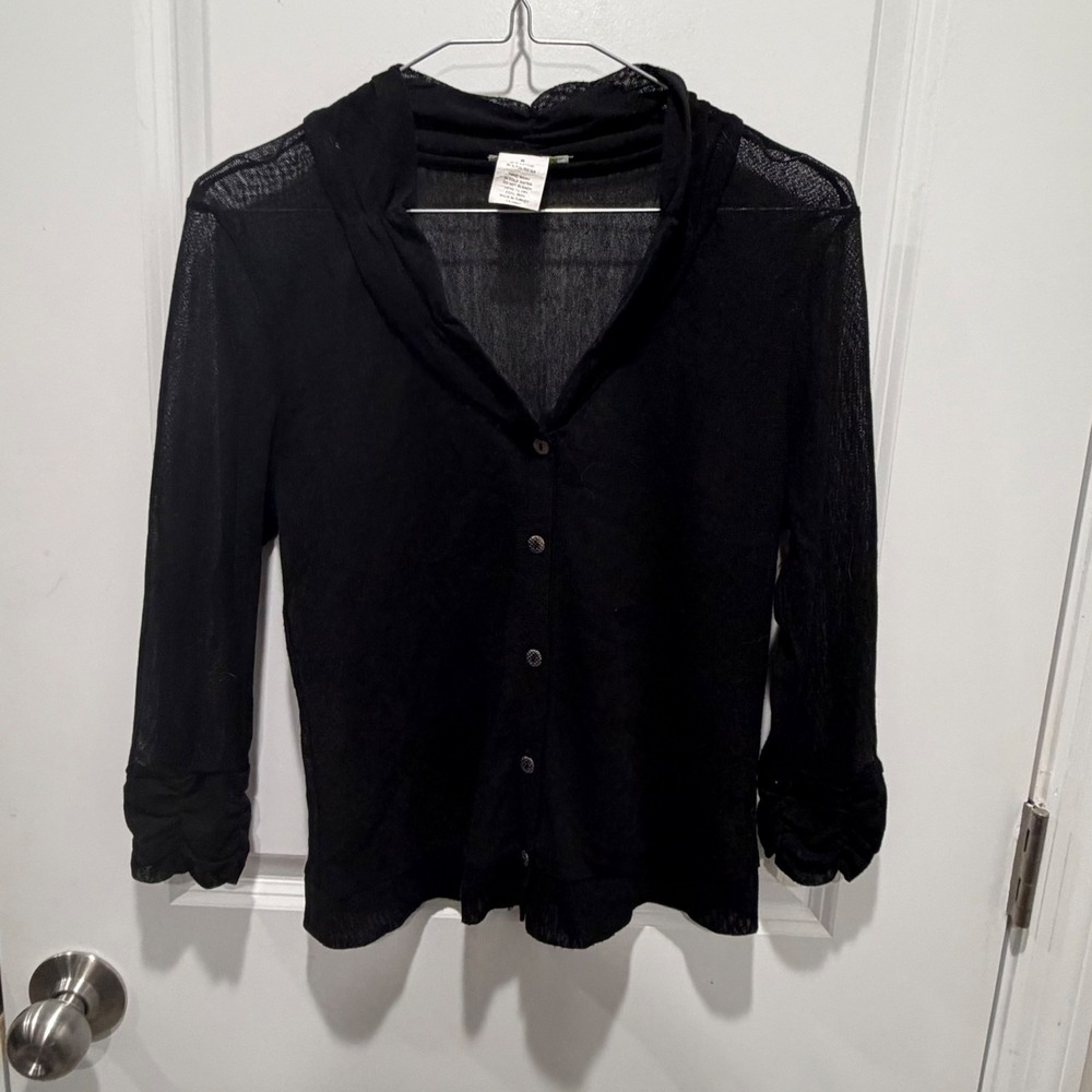 Dolcezza Womens Sheer Knit Button Up Ruched Sleeve Top Black Size Small